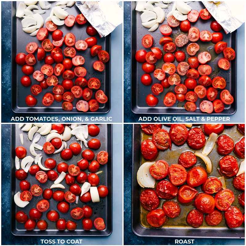 Best Tomato Basil Soup Roasting the vegetables on a sheet pan.