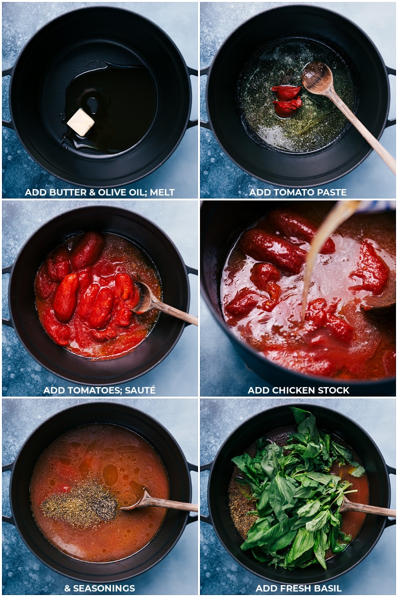 Process steps: making adding everything to the stock pot for this Tomato Basil Soup