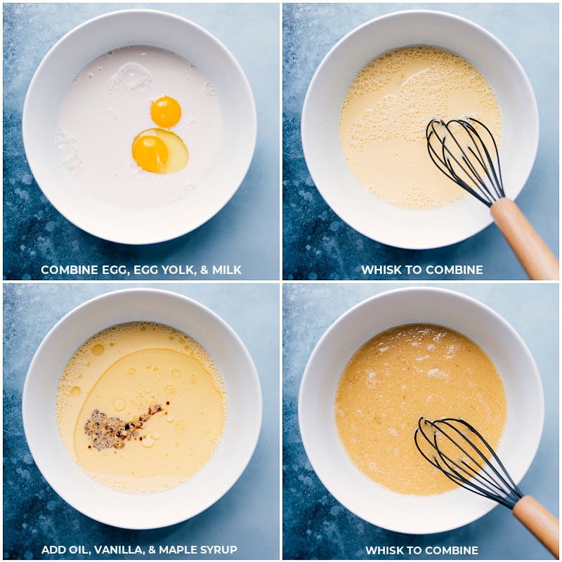 Process shots- -combining egg, yolk and milk with a whisk; adding oil, vanilla and maple syrup; whisking to combine.