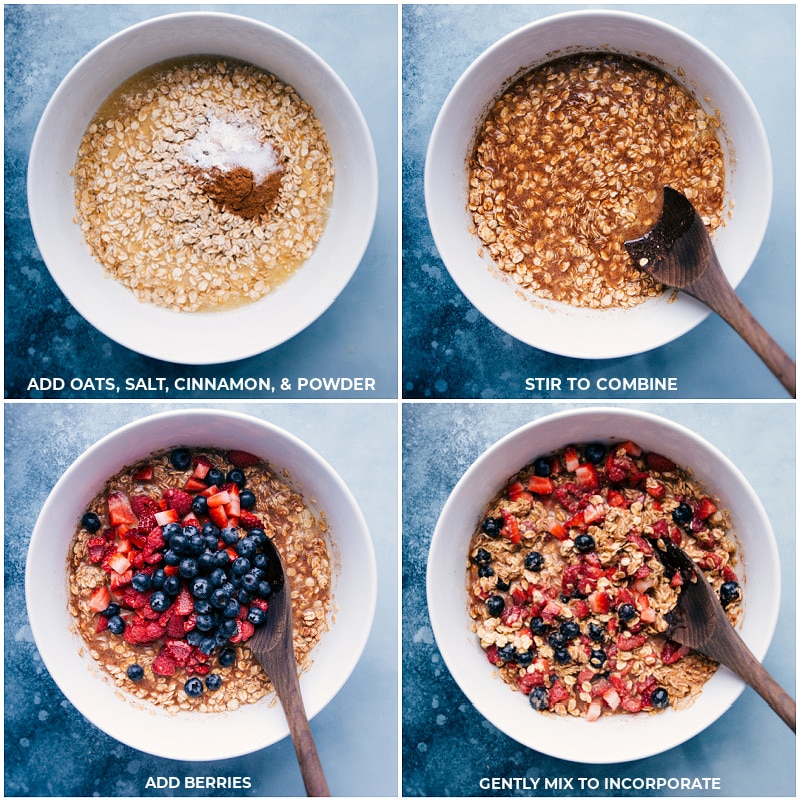 Process shots: adding the dry ingredients and fruit to the liquid ingredients