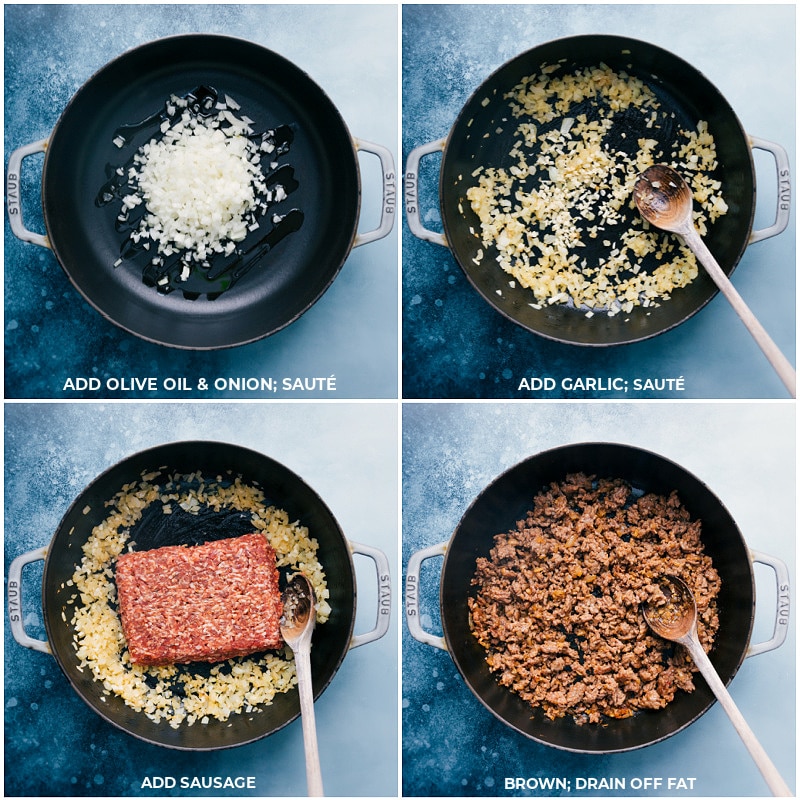 Process shots-- images of the onion and garlic being sautéed and the sausage being added in and cooked