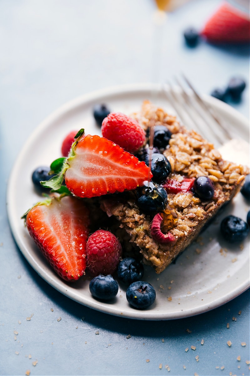 Overhead image of the Baked Oatmeal with fresh toppings