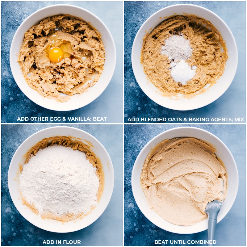 Process shots--add egg and vanilla; add oats and baking agents and mix; add flour; beat until combined