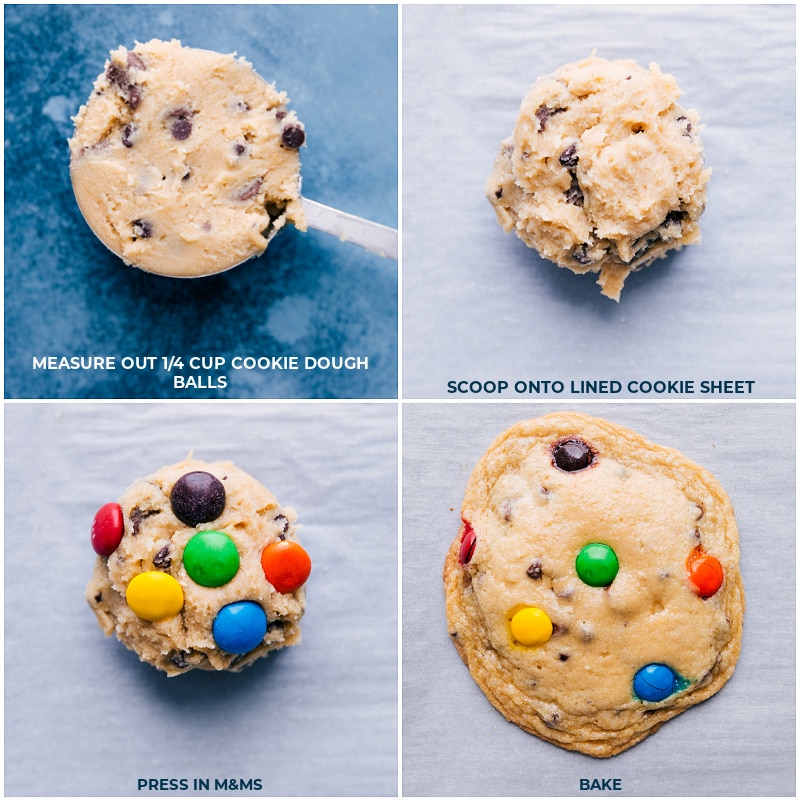 Process shots-- measure out the dough; scoop onto baking sheet; press in M&M's; bake