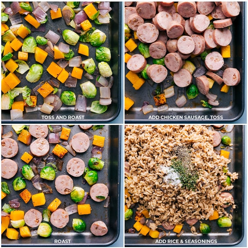 Process shots: roasting veggies and adding the sausage and rice