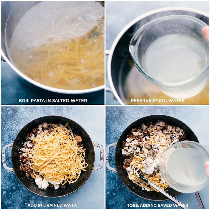 Process shots--Cooking the pasta and adding it to the pan along with cooking water