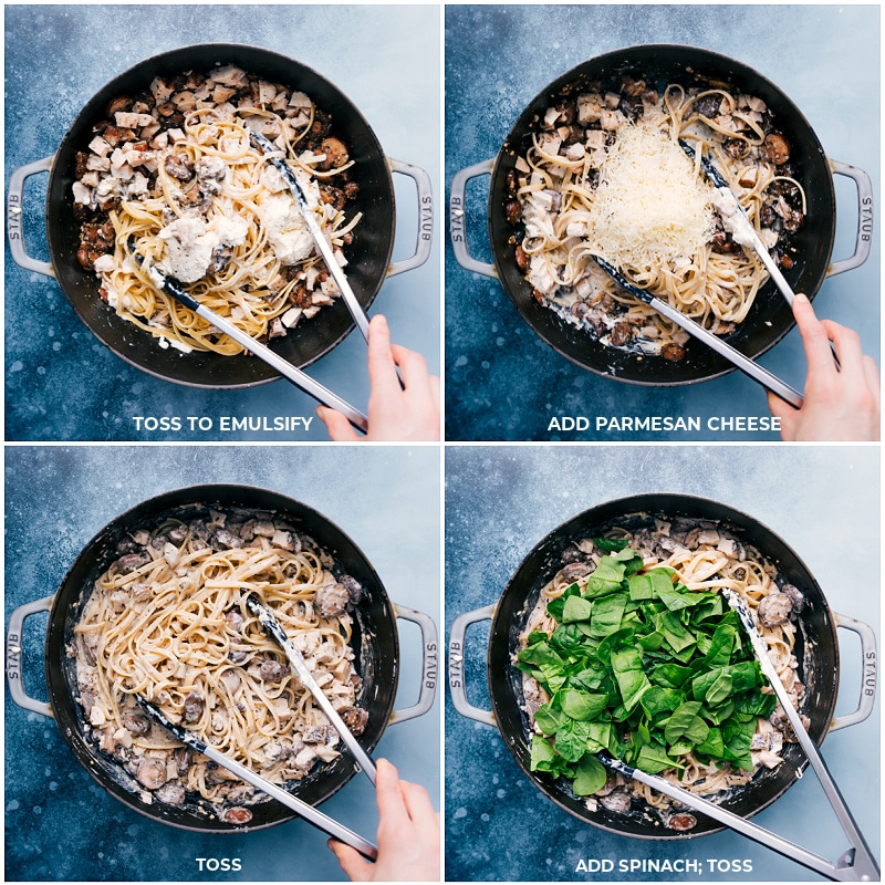 Process shots-- adding spinach and Parmesan to the pan