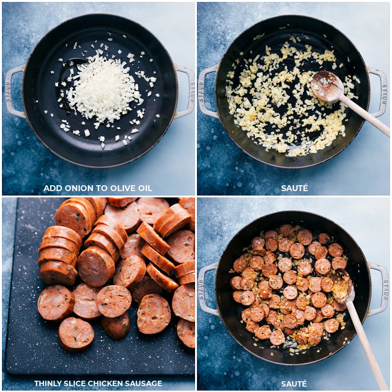 Process shots-- images of the onions being sautéed and the sausage being chopped and added to the onions