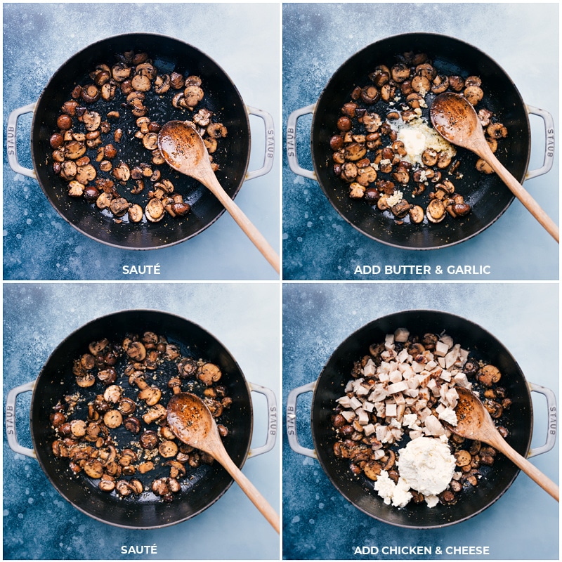 Process shots--adding ingredients to the browned mushrooms.