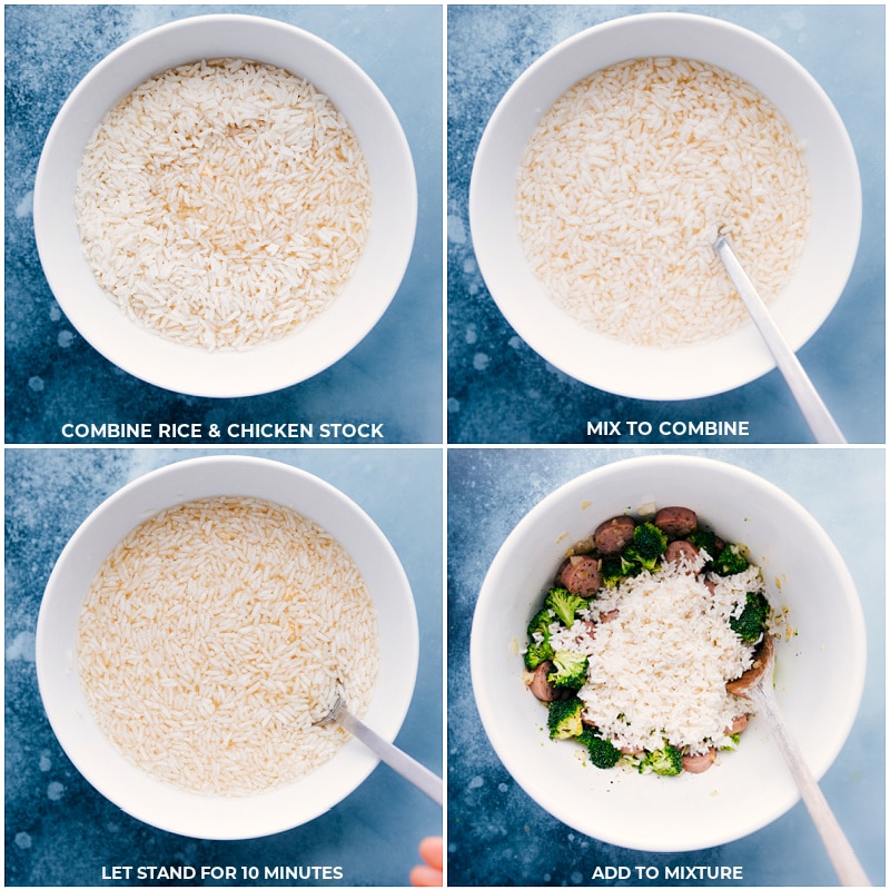 Process shots: preparing the rice and adding it to the other ingredients