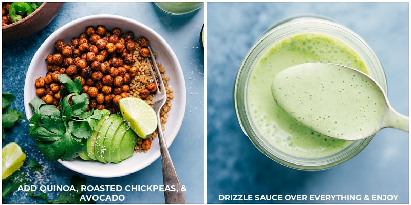 Process shots--adding chickpeas to a bowl and drizzling sauce on top