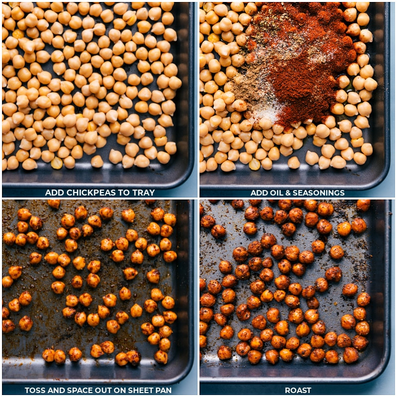 Process shots-- images of the Mexican Chickpeas being prepped with seasonings and then being roasted