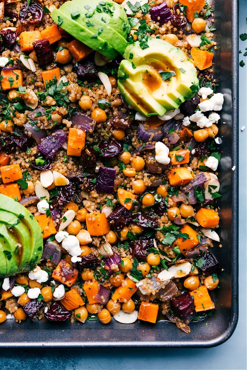 Overhead view of the sheet pan Quinoa Pilaf on a sheet pan