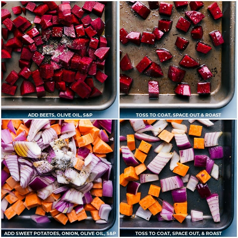 Process shots: adding ingredients to the pans and roasting