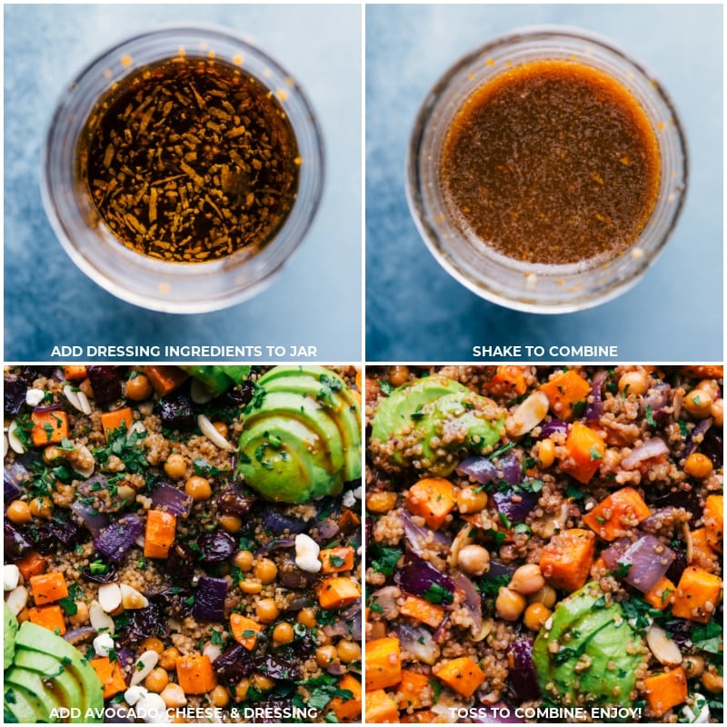 Process shots: creating the dressing and adding it to the pan, along with toppings for this Sheet Pan Quinoa Pilaf