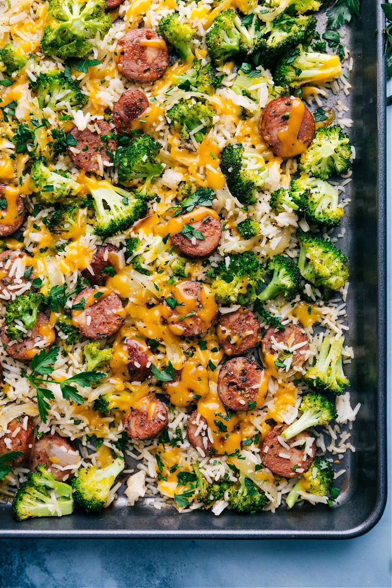 Overhead image of Cheesy Chicken, Broccoli and Rice on a tray