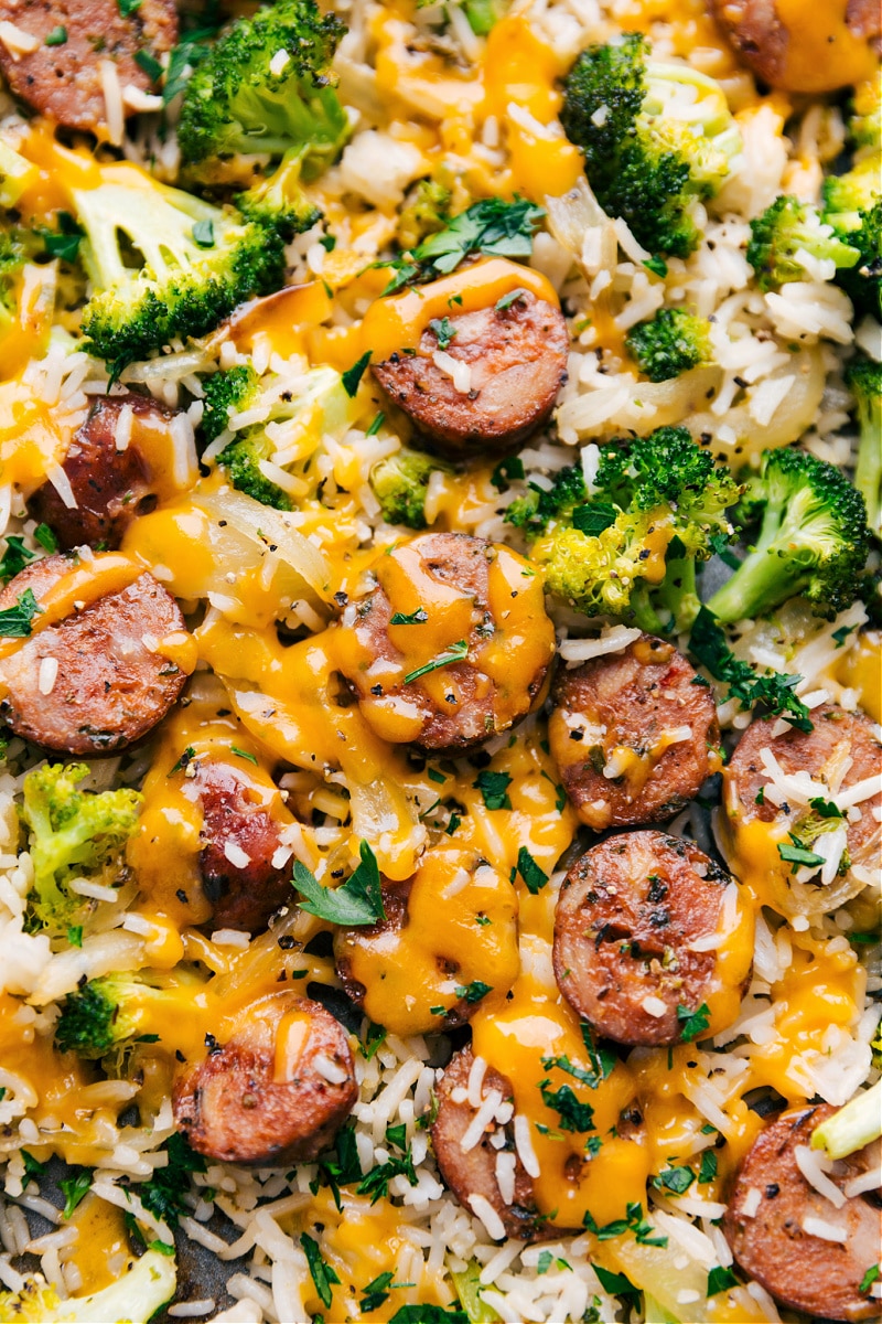 Cheesy Chicken Broccoli and Rice on a tray.