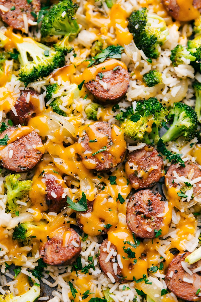 Up-close overhead image of Cheesy Chicken Broccoli and Rice on a tray