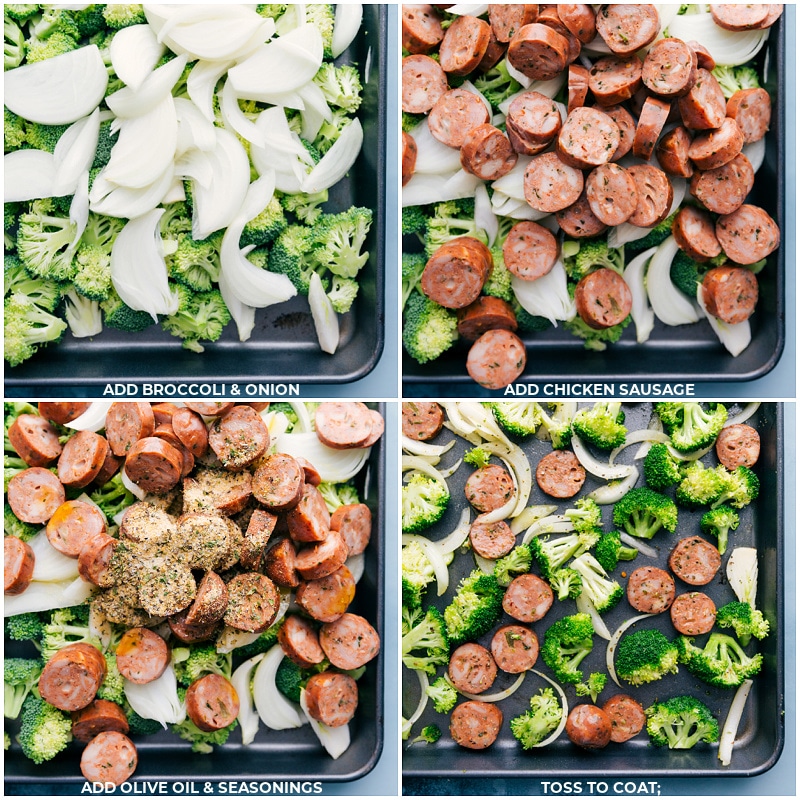 Process shots-- images of the veggies and chicken sausage on a tray with oil and seasoning