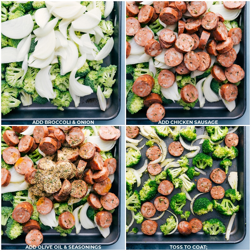 Veggies and chicken sausage on a tray with oil and seasoning.