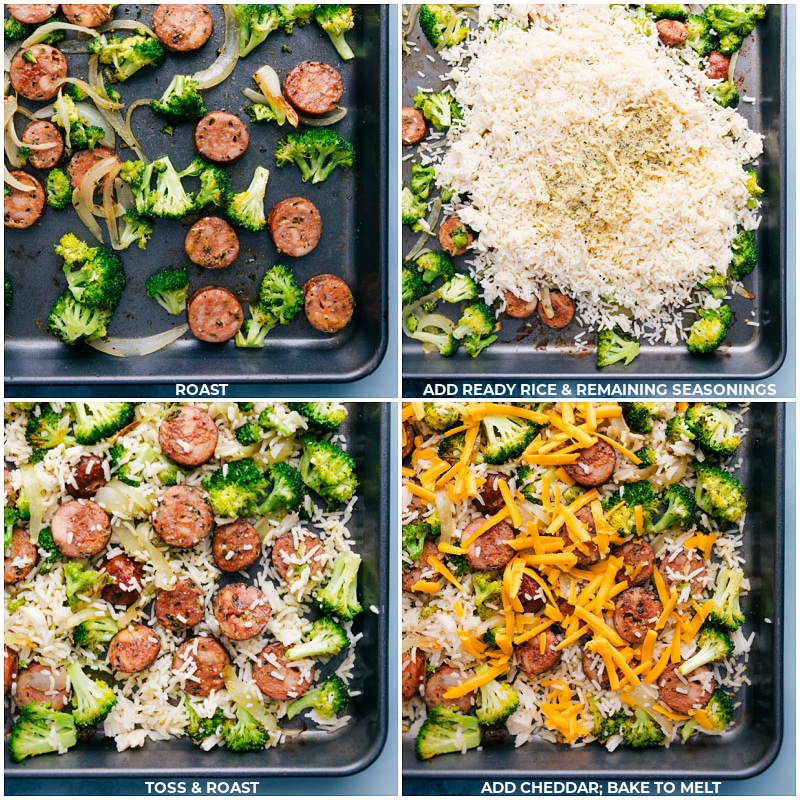Veggies being roasted, the rice being added, and finally Cheddar being added on top.
