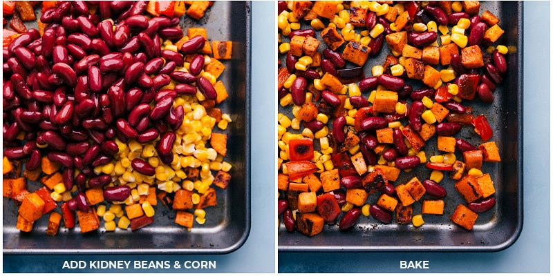 Process shots-- adding beans and corn to the baking pan