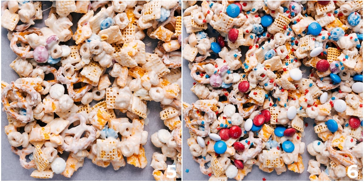The treat spread on a tray so the chocolate can harden, the toppings being sprinkled on top of everything.