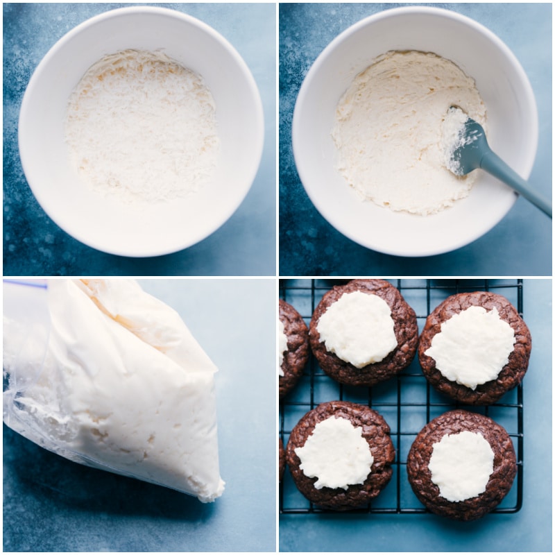Process shots of Almond Joy Cookies--images of the frosting filling the centers and coconut being added