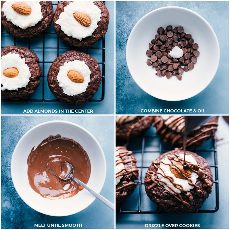 Process shots-- images of the almonds being placed in the center and chocolate being drizzled over everything