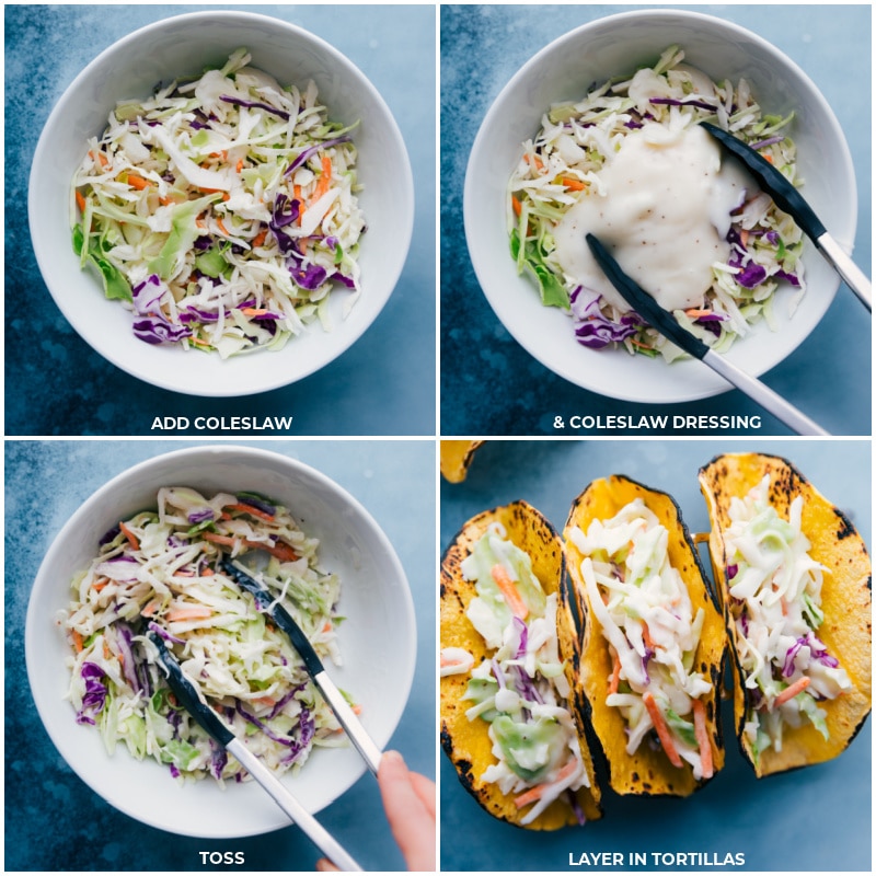 Process shots-- mix coleslaw with dressing; toss; load into charred tortillas.