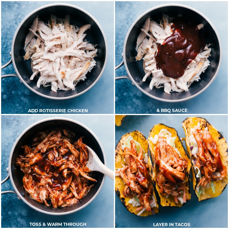 Process shots-- add chicken and BBQ sauce to a pan; toss and warm through; add onto the tortillas.