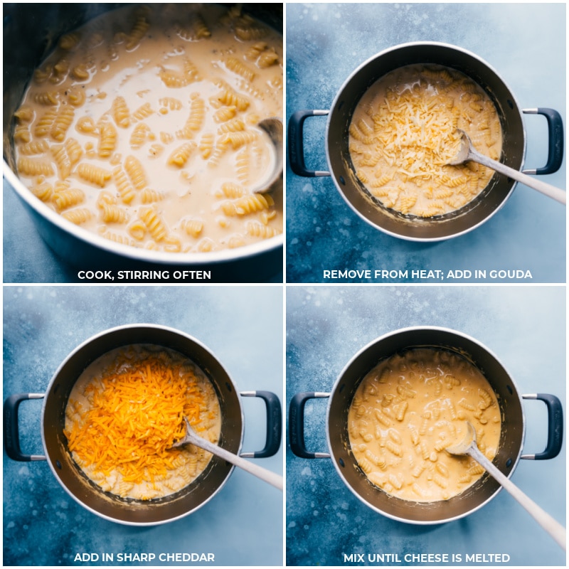 Process shots-- cook pasta; remove from heat and add in gouda; add in Cheddar; stir until creamy.