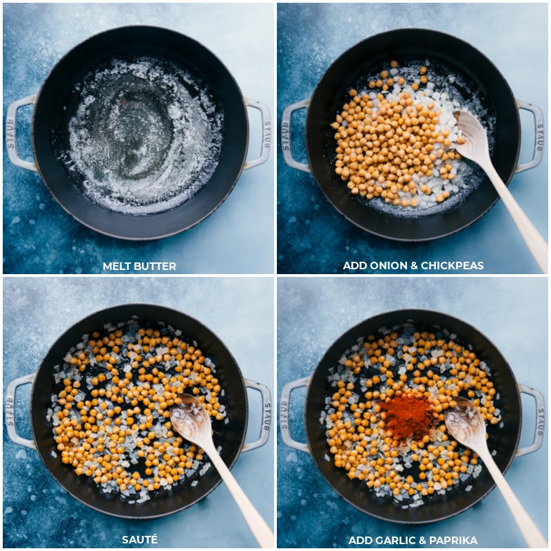 Process shots--melt butter; add onion and chickpeas; sauté; add paprika and garlic.