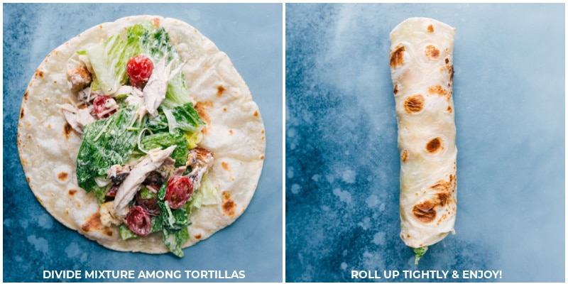 Process shots--divide the salad mixture among the tortillas; roll up tightly and serve.