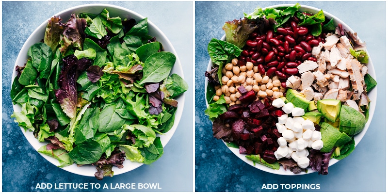 Process shots-- add lettuce to a large bowl; add the toppings.