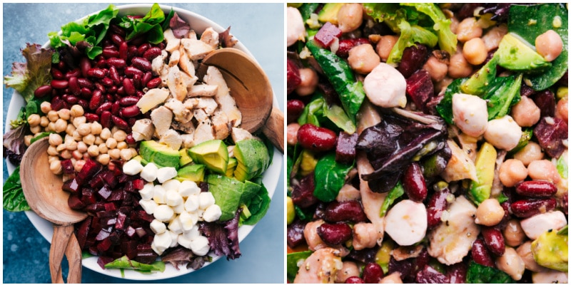 The salad with all the toppings on the surface; the salad with all the ingredients mixed in.