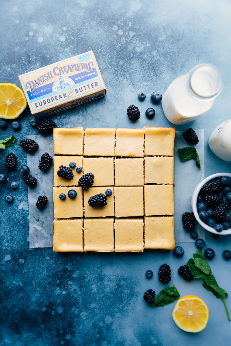 Overhead image of the cheesecake bars cut into squares ready to be served