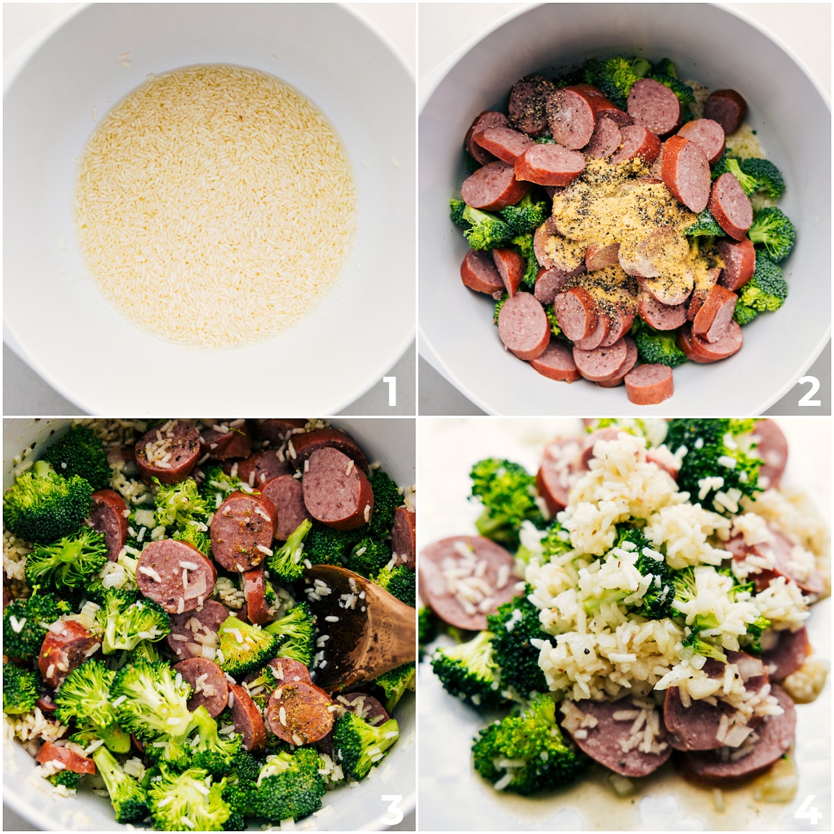 All the ingredients in Cheesy Broccoli & Chicken being combined in a bowl and it all being assembled.
