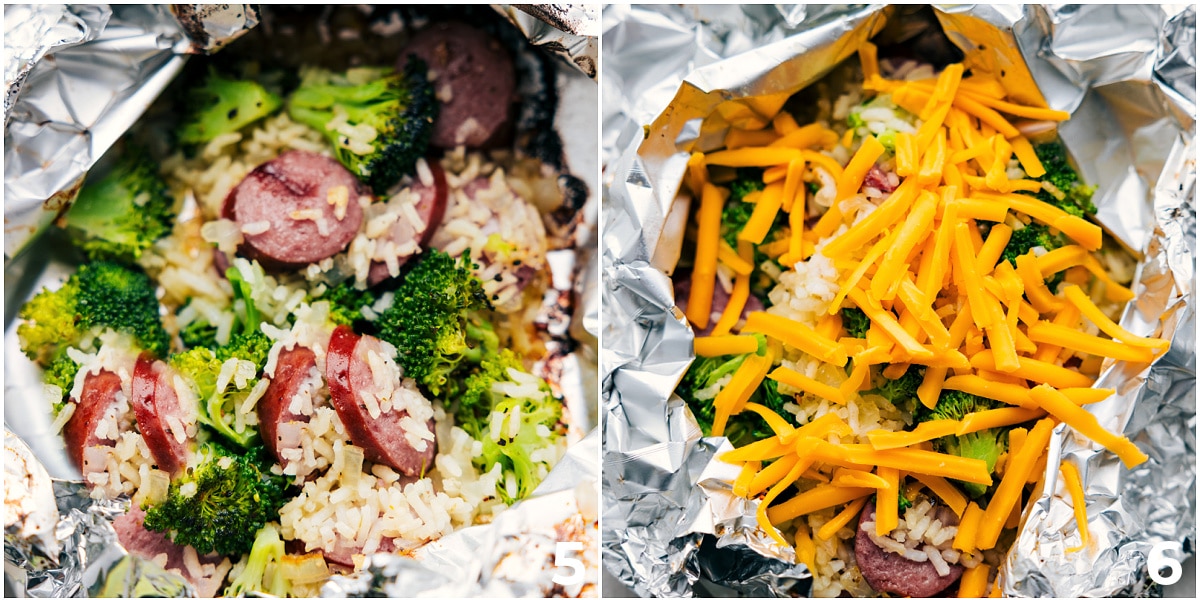 The dinner in a foil pack right out of the oven and then cheese being grated on top.