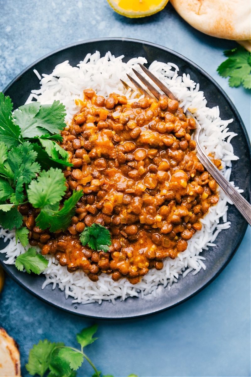 Coconut Curry Lentils with rice, on a plate