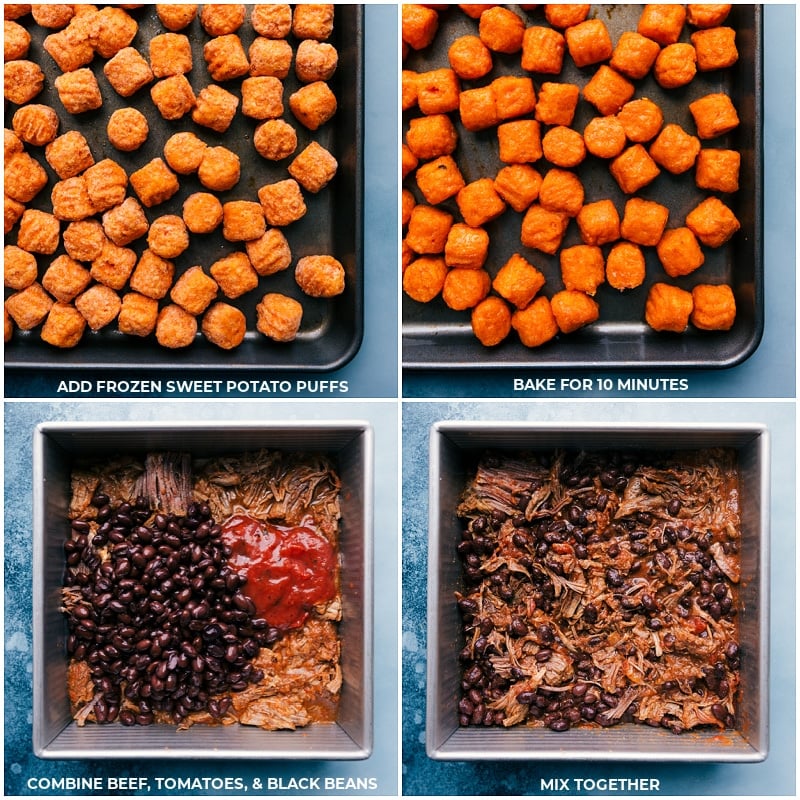 Process shots-- image of the sweet potato puffs being roasted; prepping the beef; mixing the beef ingredients