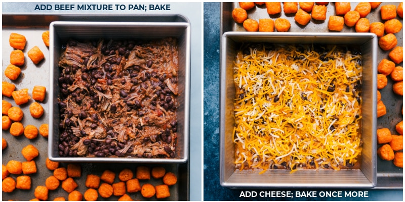 Process shots-- the beef mixture being baked with the puffs; cheese being added on top