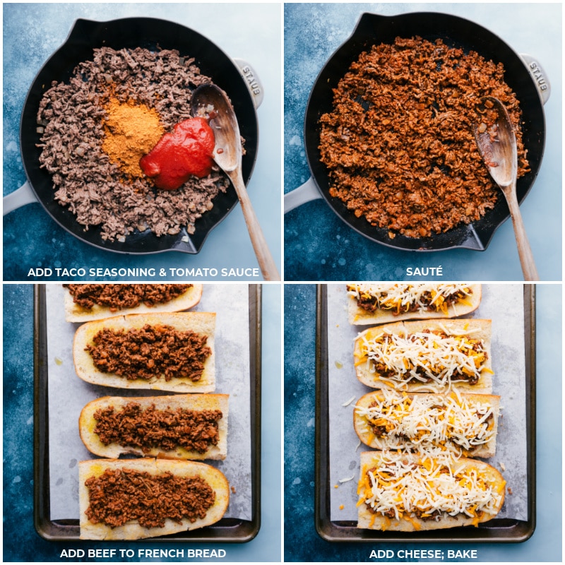 Process shots-- add taco seasoning and tomato sauce to the beef; stir and sauté; add seasoned beef to the toasted bread; top with cheese; bake.