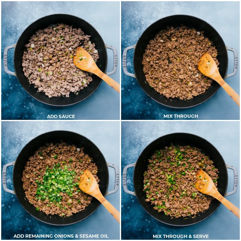 Process of these Korean Ground Turkey Bowls-- images of the sauce, onions, and sesame oil being added