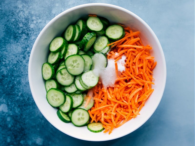 Image of the quick pickled veggies being prepped