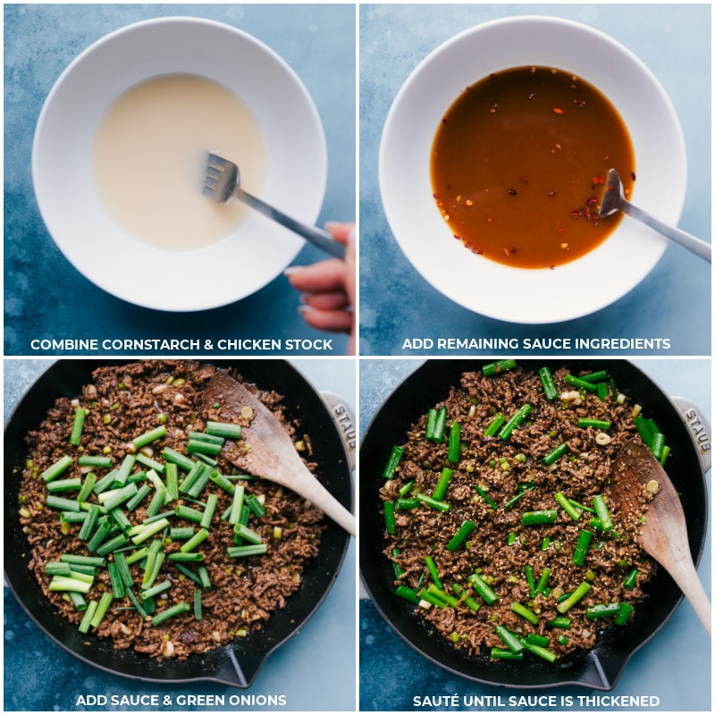 Process shots-- images of the sauce being whisked together and the green onions and sauce being added to the pan.