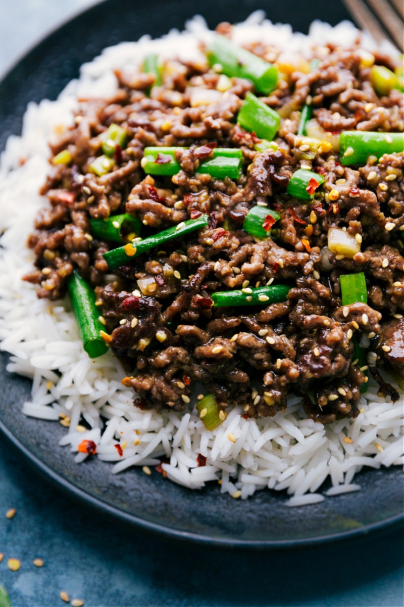 Mongolian Ground Beef on a plate ready to be eaten