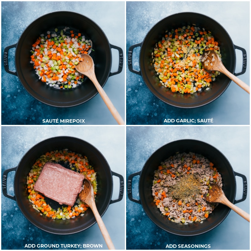 Process shots--Sauté mirepoix; add garlic; add ground turkey; add seasonings; continue to sauté after each addition.