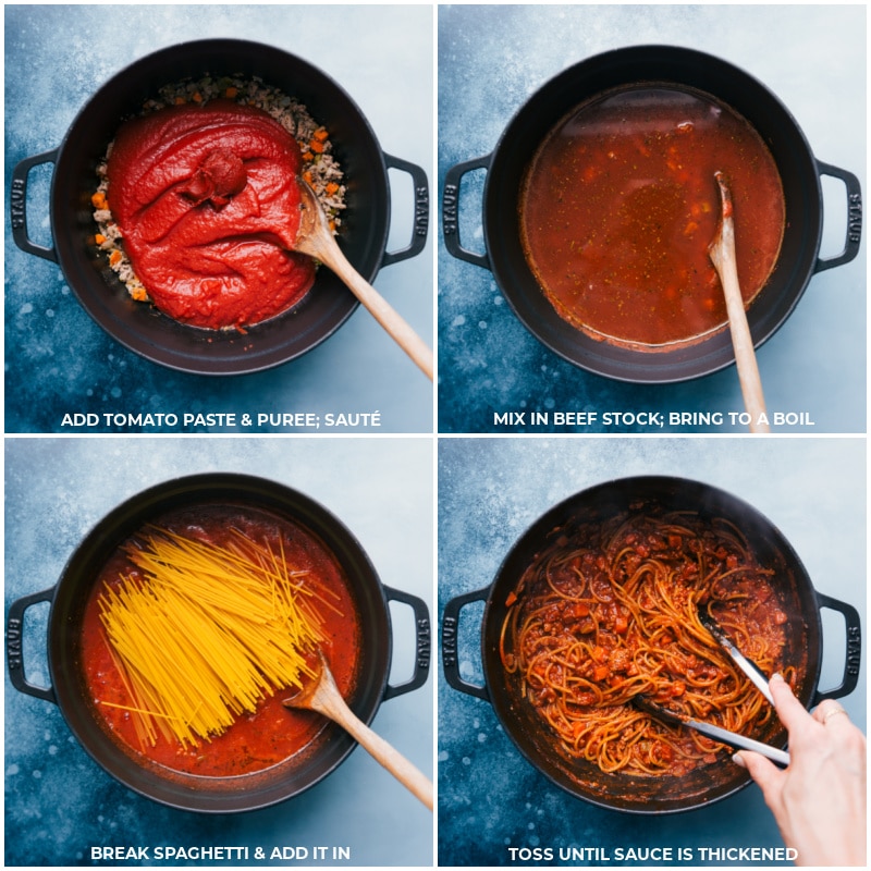 Process shots --Add tomato paste and pureé and sauté; mix in beef stock and bring to a boil; add broken spaghetti and simmer; toss to thicken the sauce.