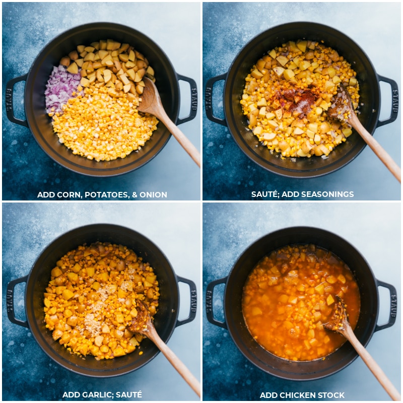Process shots-- Add corn, potatoes and onion to a large pot; sauté and then add seasonings; add garlic; add chicken or vegetable stock.